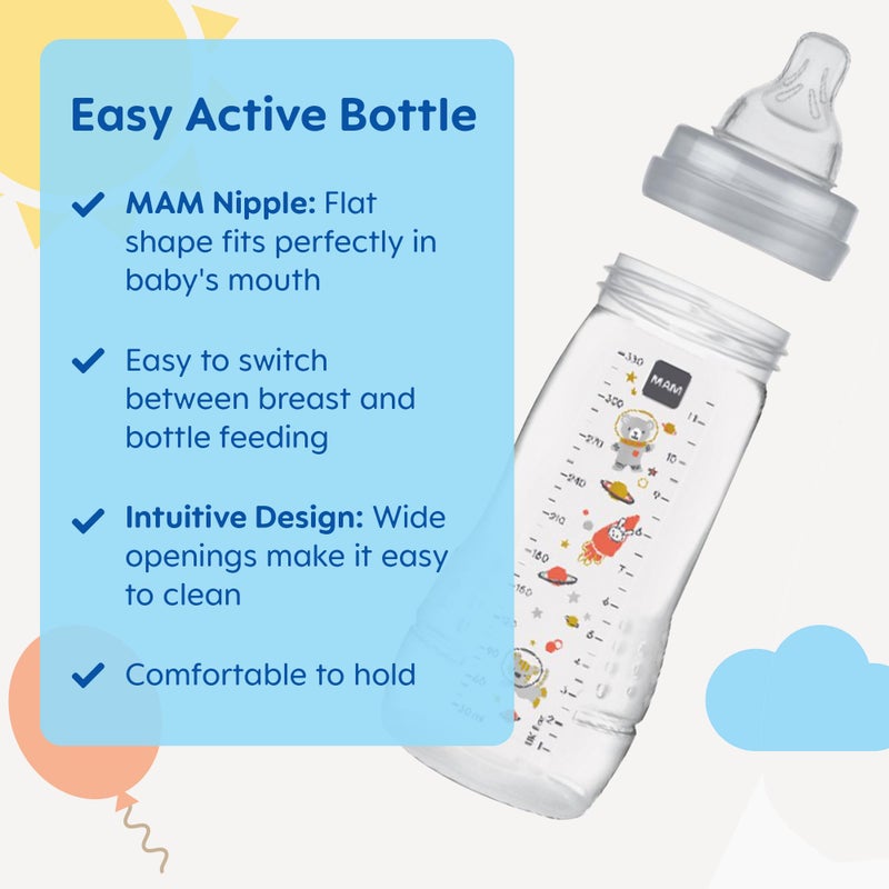 MAM Easy Active Baby Bottles 11 oz with Bonus Nipple, Fast Flow Skinsoft Silicone Nipple with Wide Neck Ergonomic Design, Easy to Hold, BPA-Free Bottles with Leak-Proof Caps for 4+ Months Baby, Unisex - Image 2