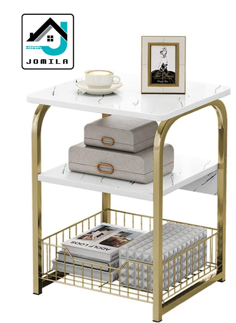 JOMILA Sofa Side Table Bedside Desk Nightstand with Storage Basket for Living Room Bedroom Office Balcony White Easy to Assemble - Image 1