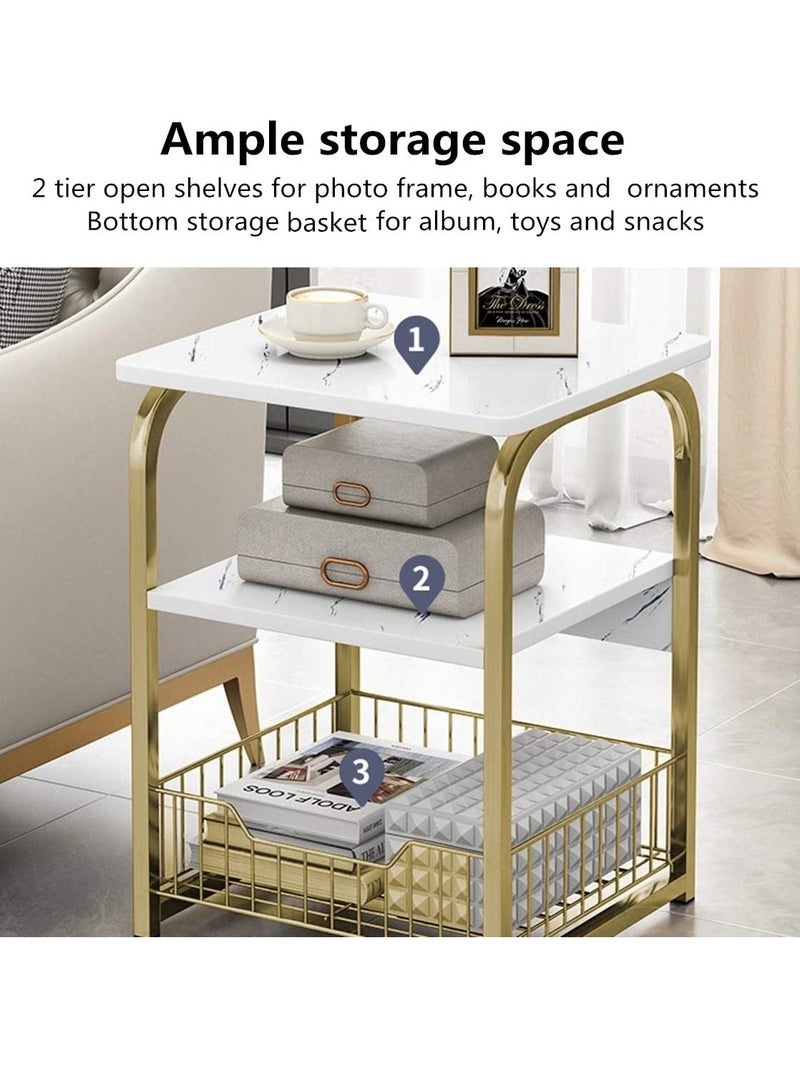 JOMILA Sofa Side Table Bedside Desk Nightstand with Storage Basket for Living Room Bedroom Office Balcony White Easy to Assemble - Image 4