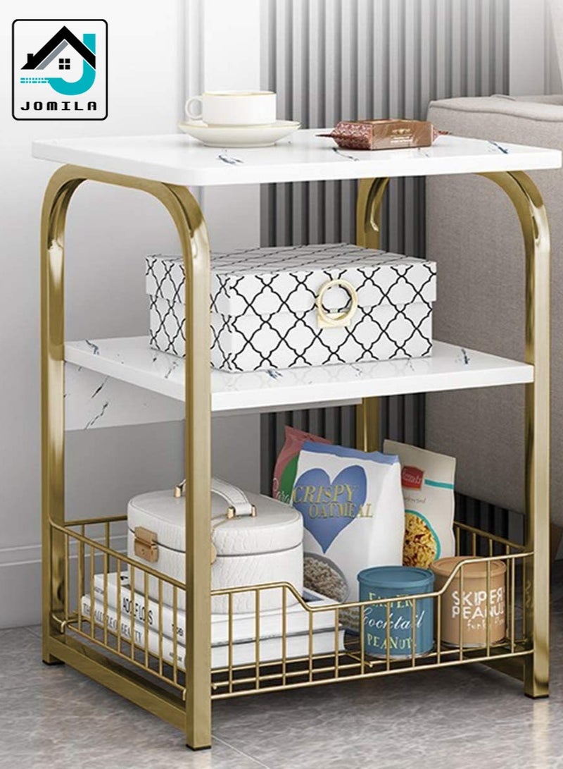 JOMILA Sofa Side Table Bedside Desk Nightstand with Storage Basket for Living Room Bedroom Office Balcony White Easy to Assemble - Image 2