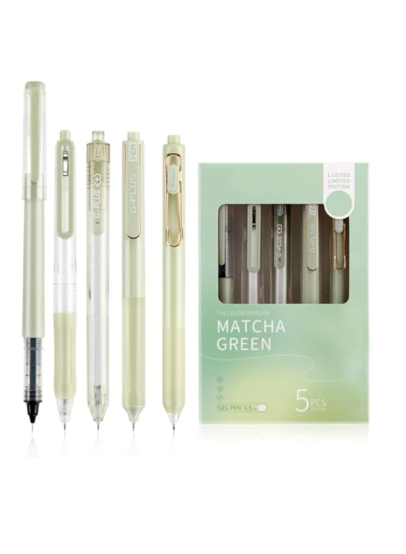 KASTWAVE Pack of 5 Gel Pens Coloured Highlighter Writing Set, Quick Dry Black Ink Pens Fine Point Smooth Writing Pens, Aesthetic Retractable Black Gel Pens, Fresh Green Style, Office School Supplies Gifts - Image 1