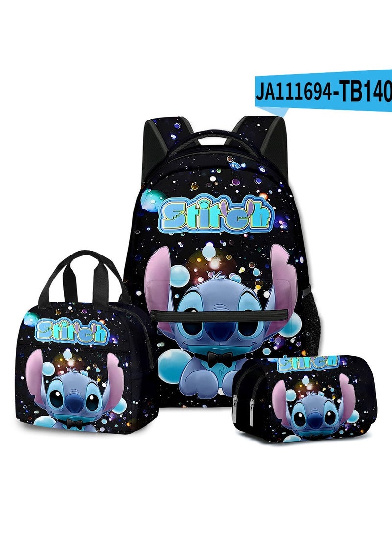 SKT Shiketro Stitch Student School Bag Children's Lunch Bag Pencil Case Three-Piece Set 30*40*17cm