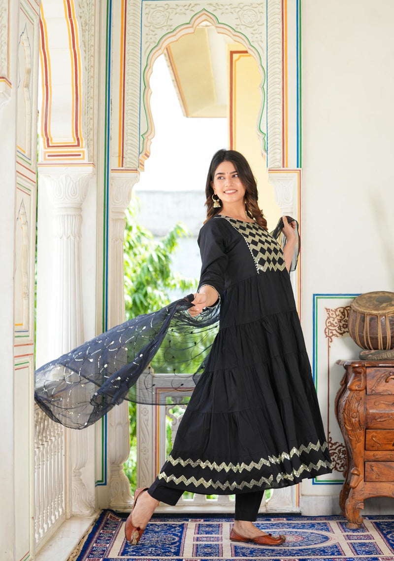 Yash Gallery Women's Black Embroidered Tiered Kurta Set with Dupatta (Black, M) - Image 3