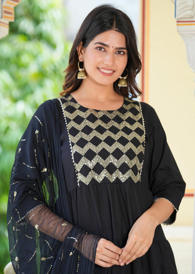 Yash Gallery Women's Black Embroidered Tiered Kurta Set with Dupatta (Black, M) - Image 5