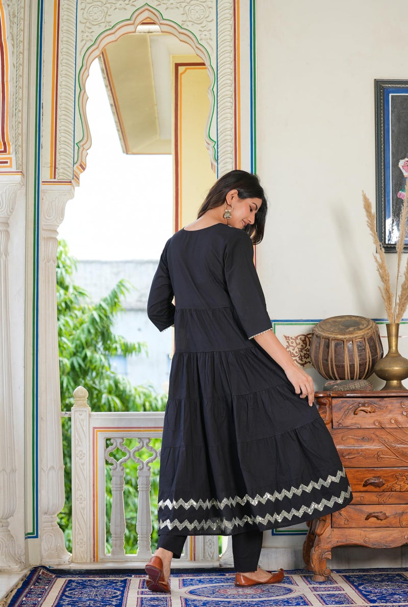 Yash Gallery Women's Black Embroidered Tiered Kurta Set with Dupatta (Black, M) - Image 4