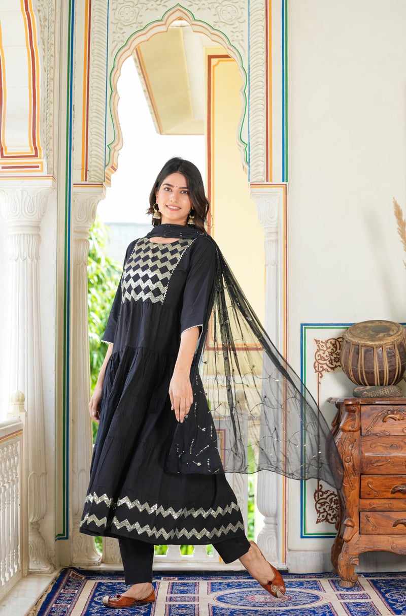 Yash Gallery Women's Black Embroidered Tiered Kurta Set with Dupatta (Black, M) - Image 2