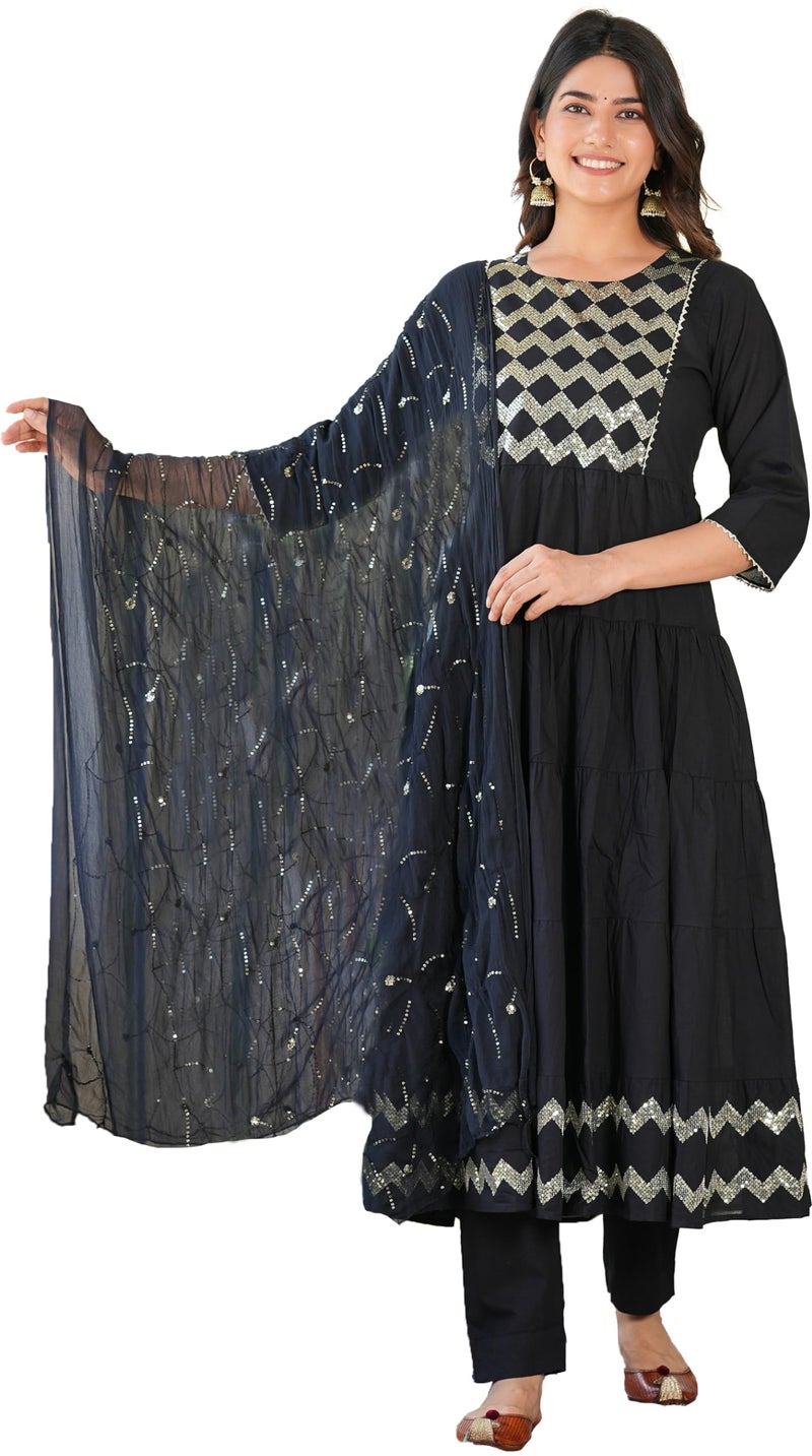 Yash Gallery Women's Black Embroidered Tiered Kurta Set with Dupatta (Black, M) - Image 1