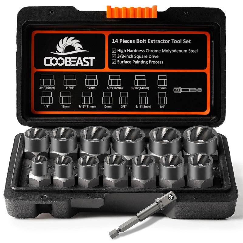Coobeast Bolt Extractor Set Heavy Duty, 13Pcs Bolt Extractor Kit with 3/8 Inch Adapter, Stripped Lug Nut Remover, Easy Out Bolt Remover Set for Rusted, Rounded, Damaged Nuts Screws - Image 1