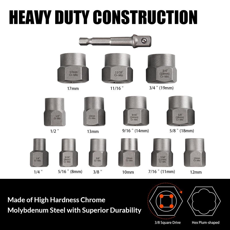 Coobeast Bolt Extractor Set Heavy Duty, 13Pcs Bolt Extractor Kit with 3/8 Inch Adapter, Stripped Lug Nut Remover, Easy Out Bolt Remover Set for Rusted, Rounded, Damaged Nuts Screws - Image 2