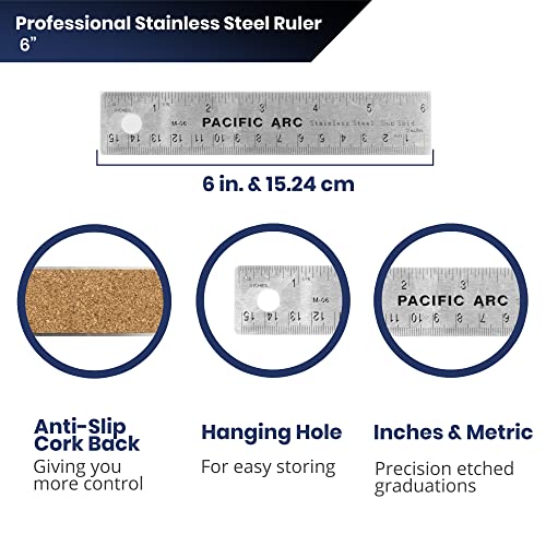Pacific Arc Stainless Steel 6 Inch Metal Ruler Non-Slip Cork Back, with Inch and Metric Graduations - Image 3