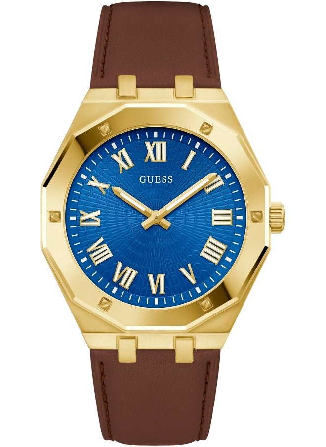 GUESS GUESS Men's 42mm Watch - Brown Strap Blue Dial Gold Tone Case  - Image 1