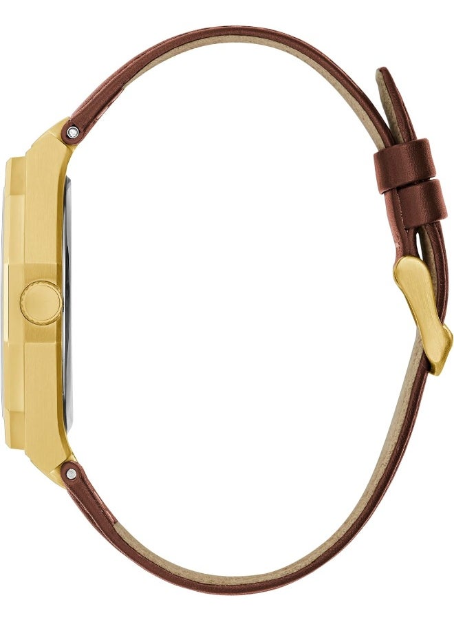 GUESS GUESS Men's 42mm Watch - Brown Strap Blue Dial Gold Tone Case  - Image 2