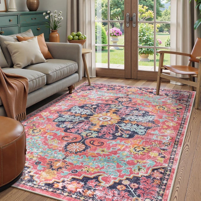 LAHOME 5X7 BOHO LIVING ROOM RUG COLORFUL BEDROOM RUG LARGE BOHEMIAN NURSERY RUGS HOT PINK NONSLIP MACHINE WASHABLE SOFT PLAYROOM MAT INDOOR FLOOR ACCENT CARPET FOR DINING TABLE MUD ROOM
