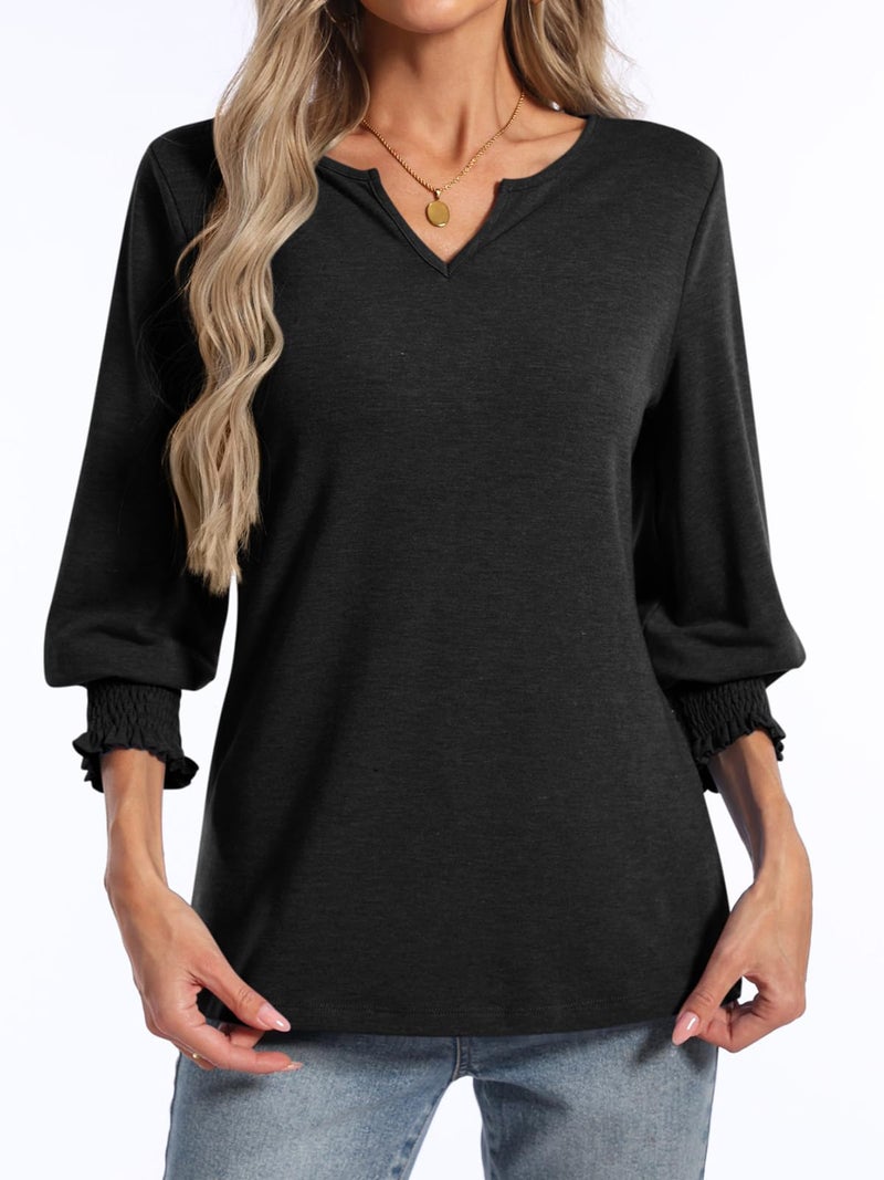 PGANDS Women's 3/4 Sleeve V Neck T Shirts Ruffle Sleeve Summer Solid Casual Tops Black - Image 2
