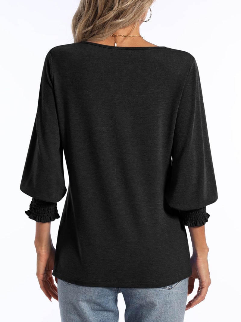 PGANDS Women's 3/4 Sleeve V Neck T Shirts Ruffle Sleeve Summer Solid Casual Tops Black - Image 5
