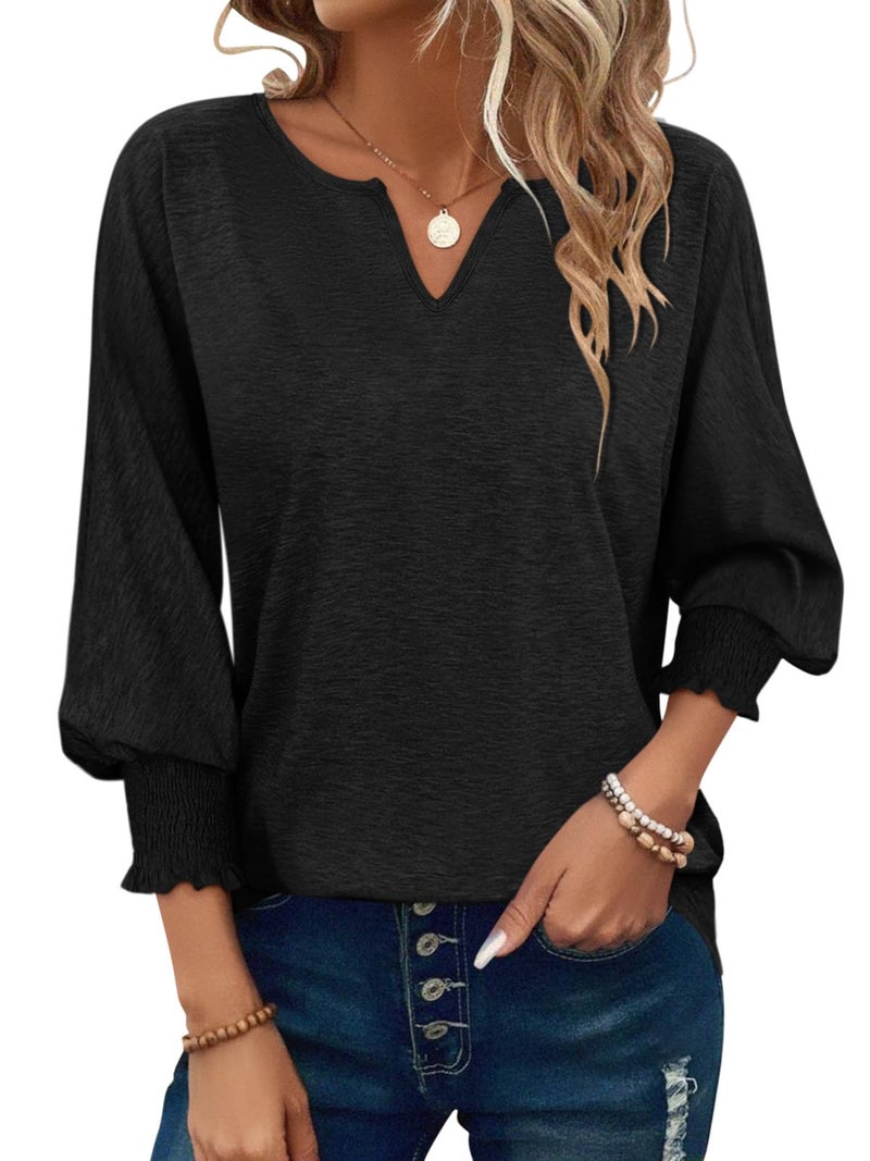 PGANDS Women's 3/4 Sleeve V Neck T Shirts Ruffle Sleeve Summer Solid Casual Tops Black - Image 1