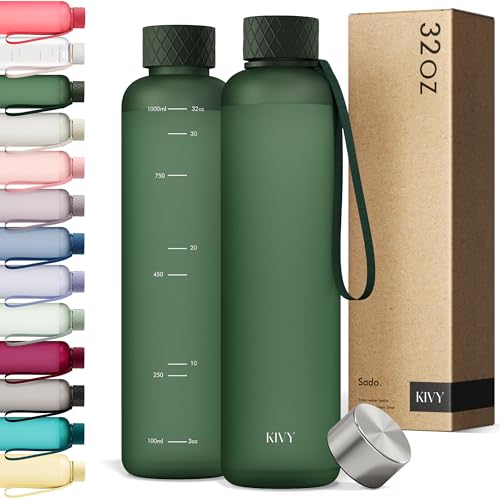 KIVY Slim Water Bottle 32oz [Lightweight & Shatterproof] Fits Backpack & Cupholder for Travel, Sports, School, Gym - Dark green water bottle no straw - Gym water bottle screw top - Dishwasher Safe - Image 1