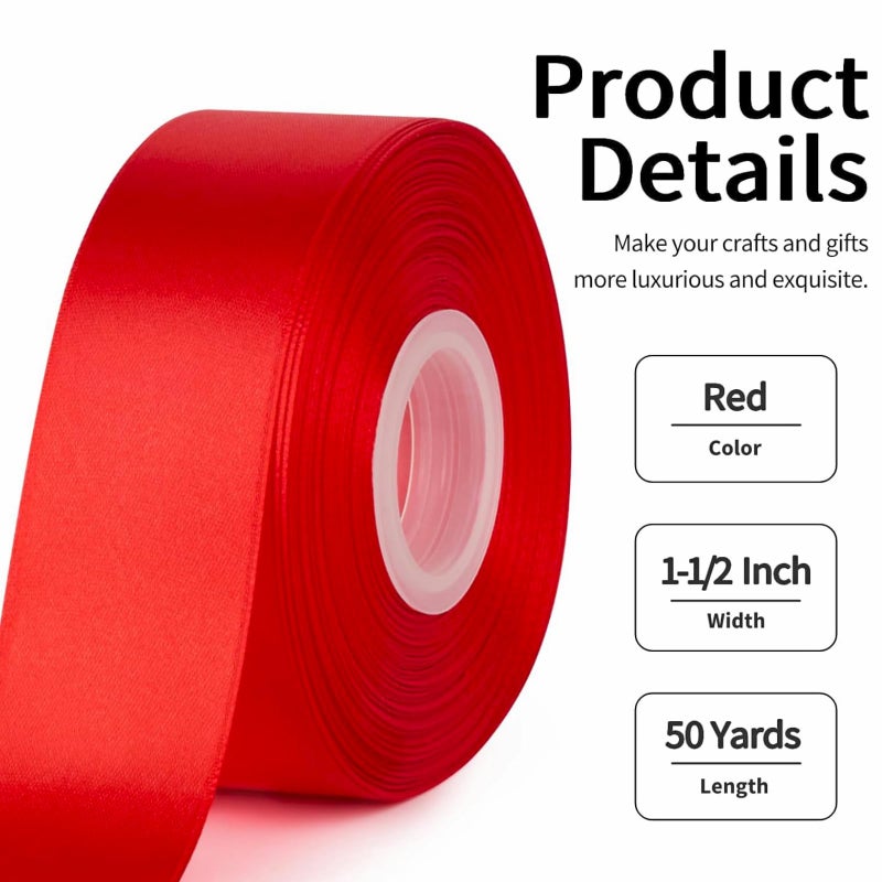 Mauproy 1-1/2 Inch Wide Red Satin Ribbon, 50 Yards Solid Polyester Fabric Ribbon for Roses Making, Gift Wrapping, Mother's Day, Wedding Decorations, Crafts, Bows - Image 2