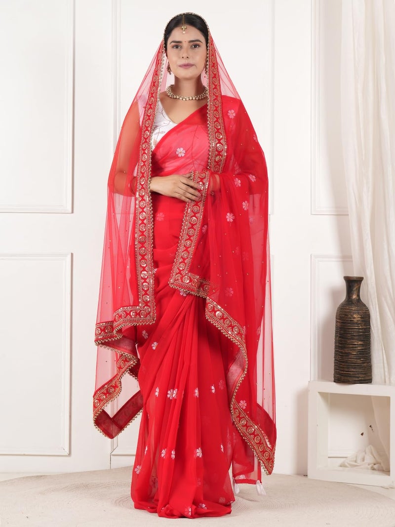 A R Silk DUPATTA HUB Women's Stone Work Net Dupatta With Zari Embroidered Work With 4 Sides Moti Lace Red Fancy and Bridal Dupatta(ARS01208) - Image 2