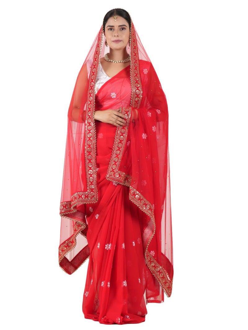 A R Silk DUPATTA HUB Women's Stone Work Net Dupatta With Zari Embroidered Work With 4 Sides Moti Lace Red Fancy and Bridal Dupatta(ARS01208) - Image 1
