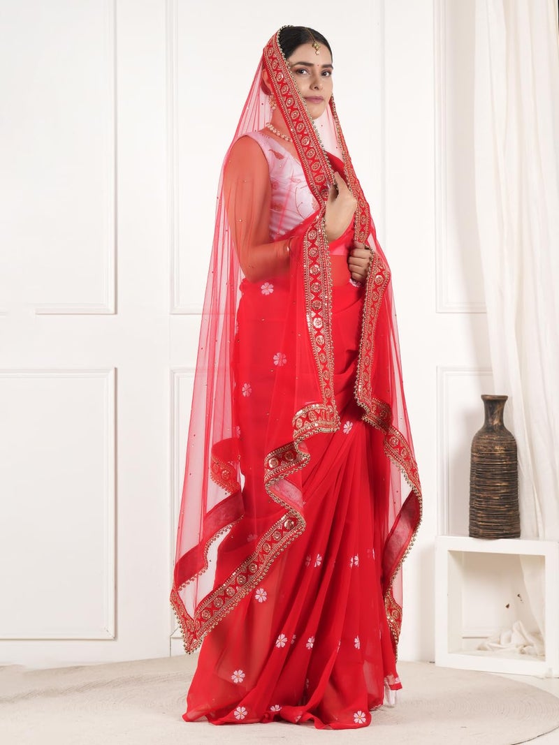 A R Silk DUPATTA HUB Women's Stone Work Net Dupatta With Zari Embroidered Work With 4 Sides Moti Lace Red Fancy and Bridal Dupatta(ARS01208) - Image 3