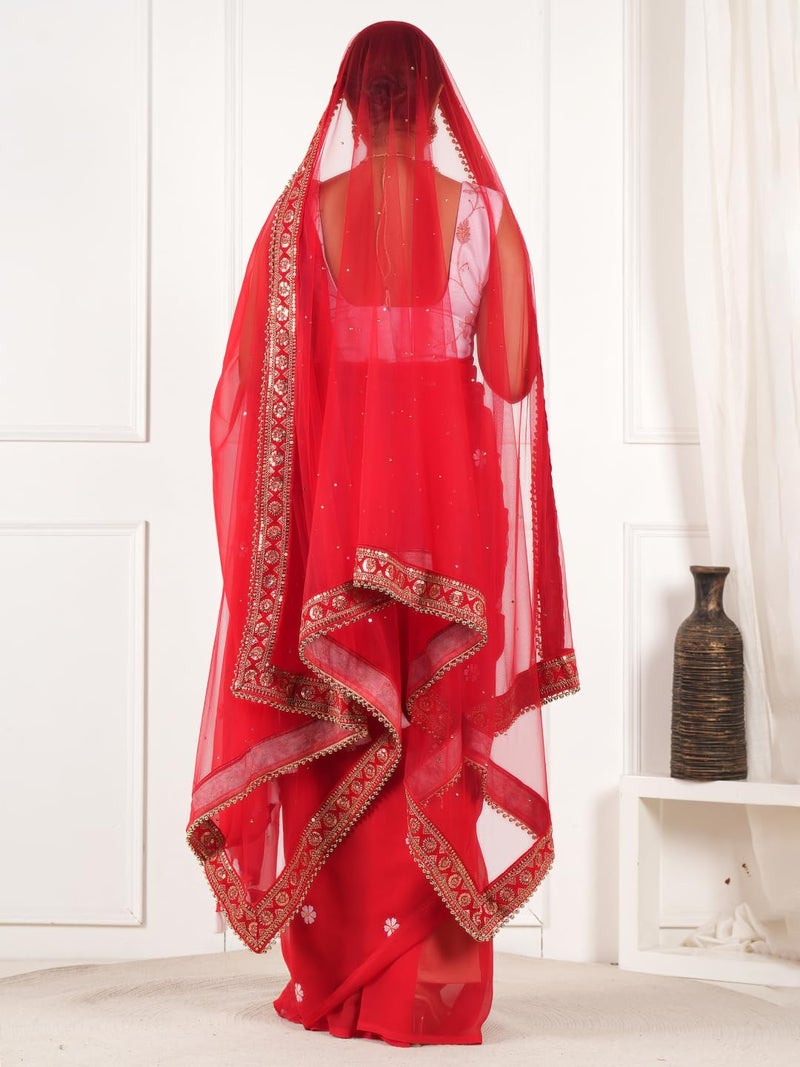 A R Silk DUPATTA HUB Women's Stone Work Net Dupatta With Zari Embroidered Work With 4 Sides Moti Lace Red Fancy and Bridal Dupatta(ARS01208) - Image 5