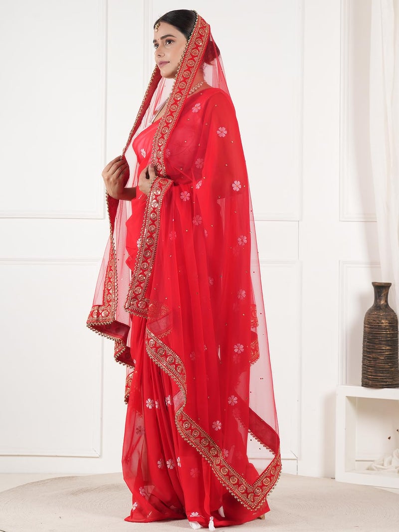A R Silk DUPATTA HUB Women's Stone Work Net Dupatta With Zari Embroidered Work With 4 Sides Moti Lace Red Fancy and Bridal Dupatta(ARS01208) - Image 4