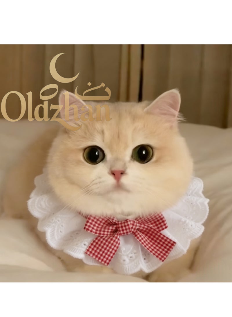 Oldzhan Cat pure cotton lace bib, drool-proof pet bowknot cute scarf decorative bib, dog bib accessory (red) - Image 1