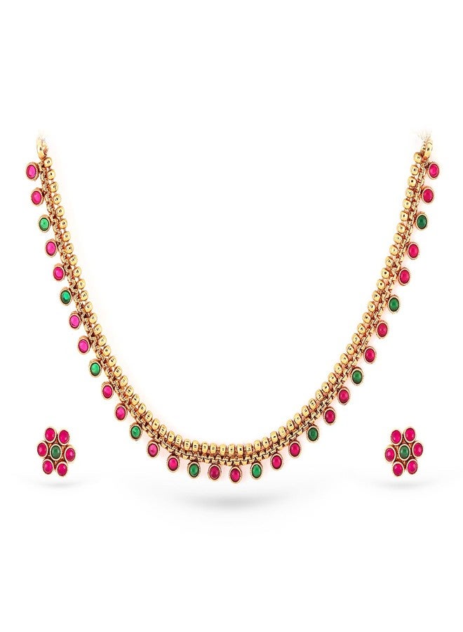 Rubans Womens 22K Gold-Plated Ruby & Emerald Stone Studded Necklace Set with Floral Stud Earrring - Image 1