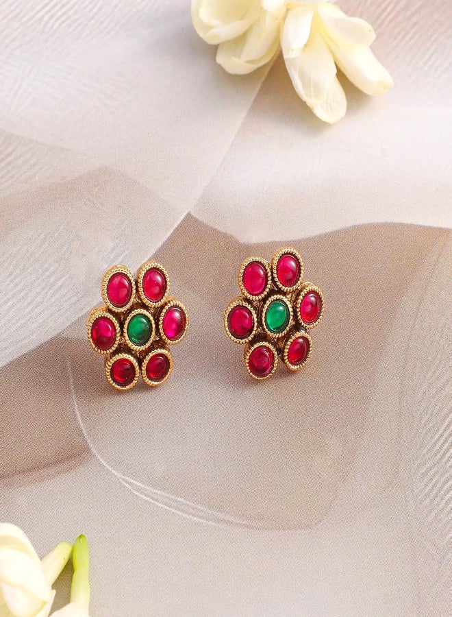 Rubans Womens 22K Gold-Plated Ruby & Emerald Stone Studded Necklace Set with Floral Stud Earrring - Image 2