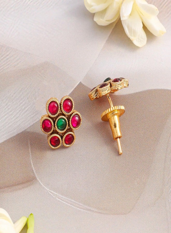 Rubans Womens 22K Gold-Plated Ruby & Emerald Stone Studded Necklace Set with Floral Stud Earrring - Image 3