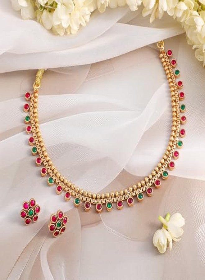 Rubans Womens 22K Gold-Plated Ruby & Emerald Stone Studded Necklace Set with Floral Stud Earrring - Image 4