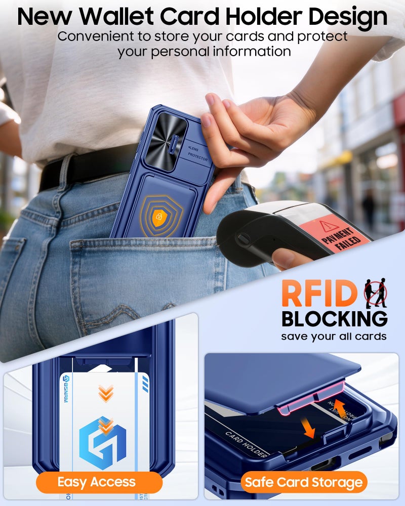 BSNRM for Samsung Galaxy S26 Ultra Case Wallet with RFID Blocking, Card Holder, Slide Camera Lens Cover, Silicone Edge Raised, Rugged Heavy Duty Phone Cover Case for S26 Ultra, 2026, Sapphire Blue - Image 3