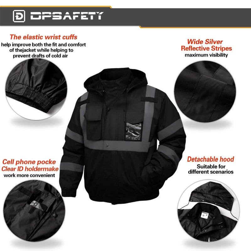 DPSAFETY Safety jacket for men,Reflective high Visibility Hooded jacket,Hi-Vis Bomber Jacket with Pockets and Zipper,Waterproof,Black Bottom,ANSI/ISEA 107-2020 Type R Class 3,Black - Image 3