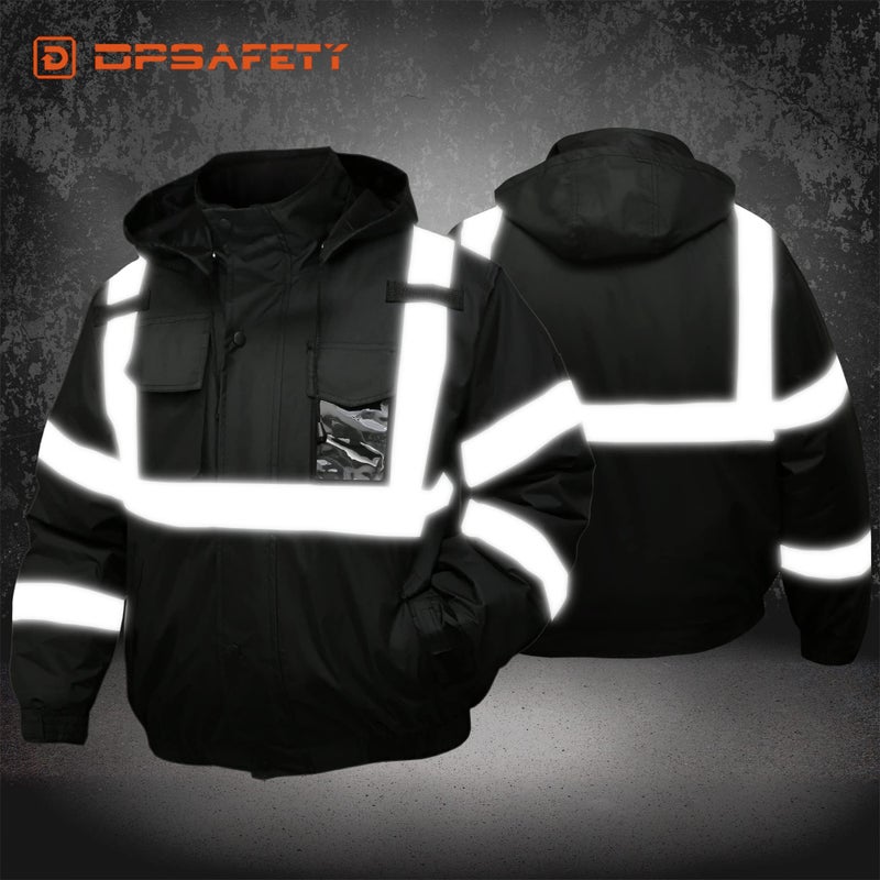 DPSAFETY Safety jacket for men,Reflective high Visibility Hooded jacket,Hi-Vis Bomber Jacket with Pockets and Zipper,Waterproof,Black Bottom,ANSI/ISEA 107-2020 Type R Class 3,Black - Image 2