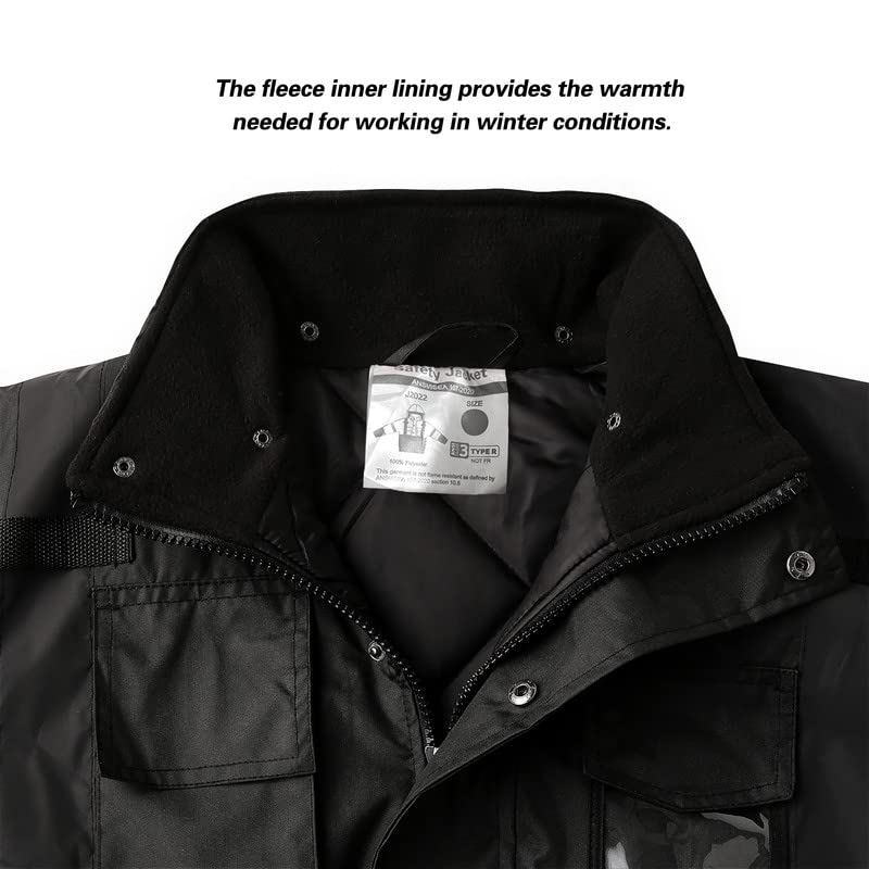 DPSAFETY Safety jacket for men,Reflective high Visibility Hooded jacket,Hi-Vis Bomber Jacket with Pockets and Zipper,Waterproof,Black Bottom,ANSI/ISEA 107-2020 Type R Class 3,Black - Image 5