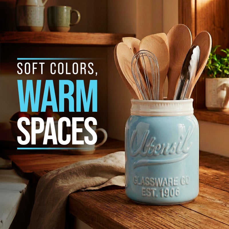 Comfify Wide Mouth Mason Jar Utensil Holder Decorative Kitchenware Organizer Crock, Dishwasher Safe - Kitchen Caddy Aqua Blue for Countertop, Large Size 7" Hight - Image 5