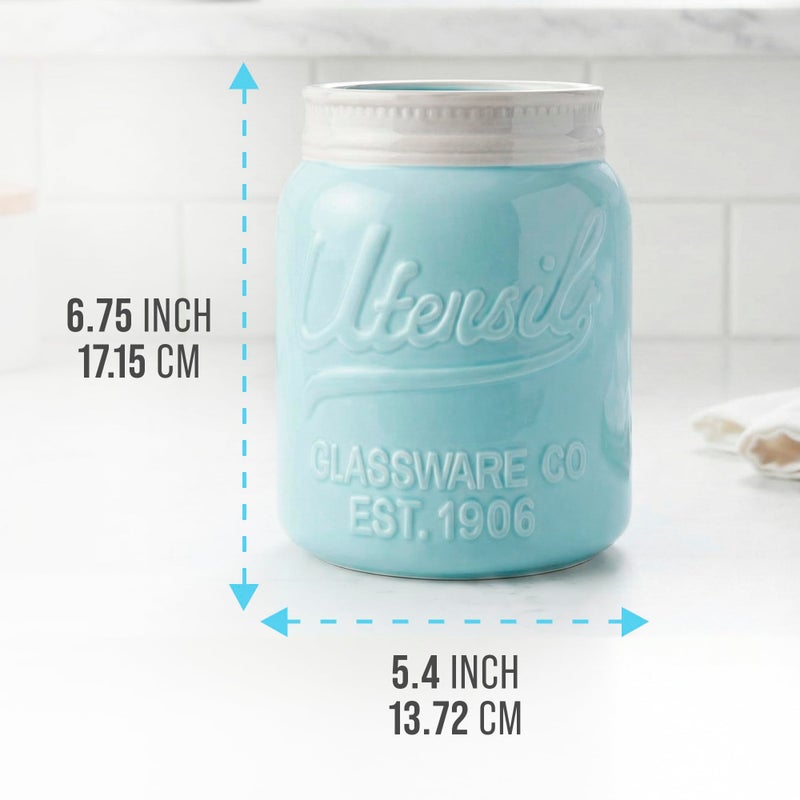 Comfify Wide Mouth Mason Jar Utensil Holder Decorative Kitchenware Organizer Crock, Dishwasher Safe - Kitchen Caddy Aqua Blue for Countertop, Large Size 7" Hight - Image 3