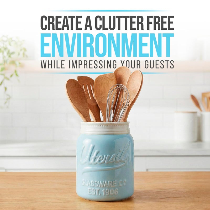 Comfify Wide Mouth Mason Jar Utensil Holder Decorative Kitchenware Organizer Crock, Dishwasher Safe - Kitchen Caddy Aqua Blue for Countertop, Large Size 7" Hight - Image 2