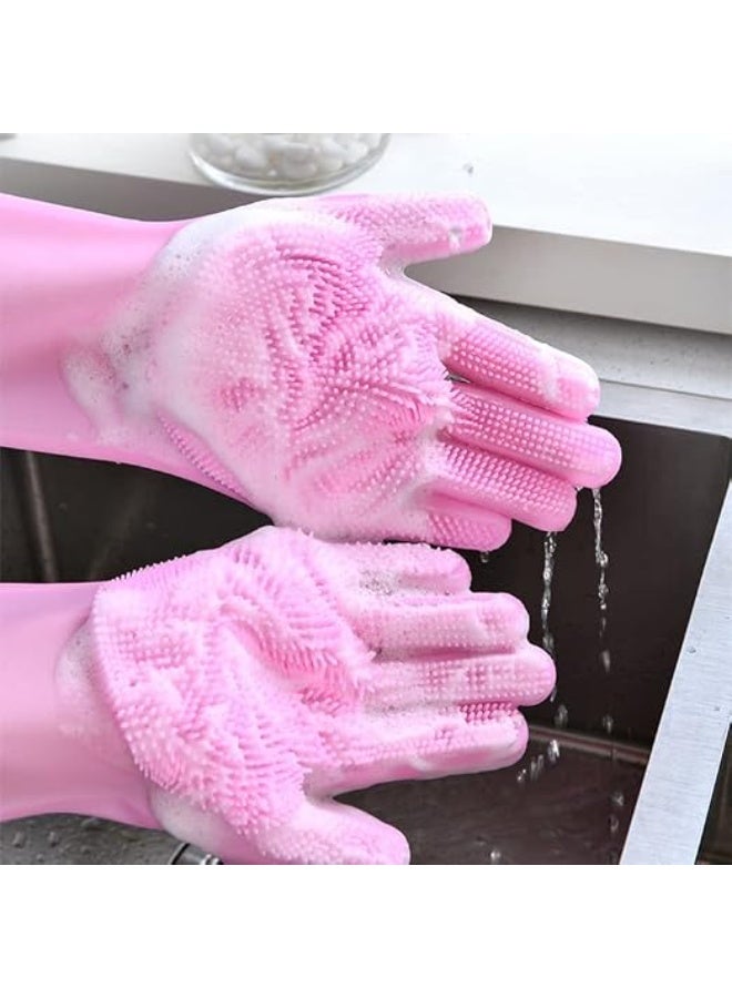 Multifunctional Magic Silicone Washing Cleaning Gloves Hand Glove for Kitchen, Bathroom, Dishwashing, Pet Grooming, Car Washing（Multi-Color 1 Pair) (Pink) - Image 2