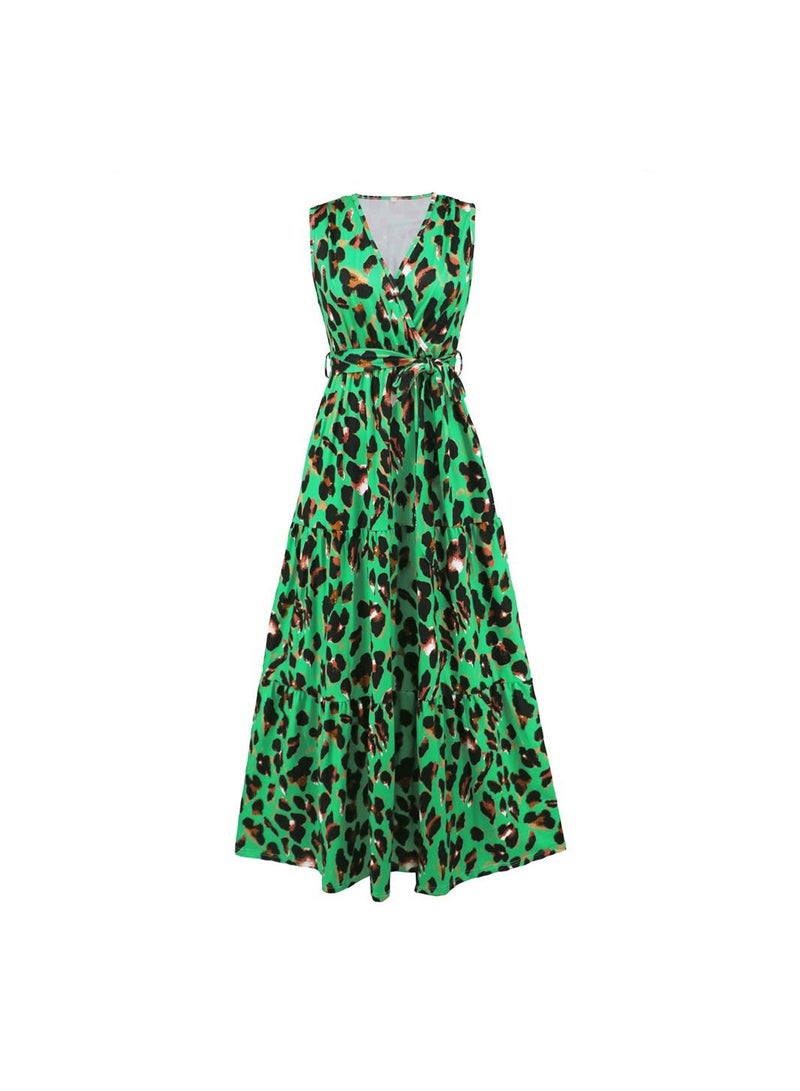 Loquat V-neck Leopard Print Slimming Lace Up Dress  - Image 1
