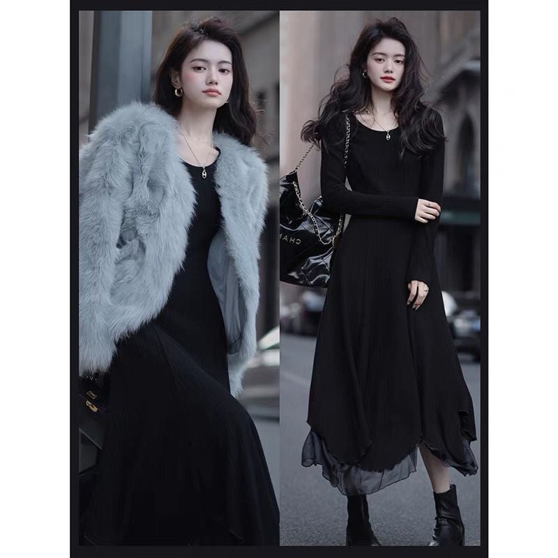Thickened Fleece V-Neck Winter Knit Dress black round neck regular