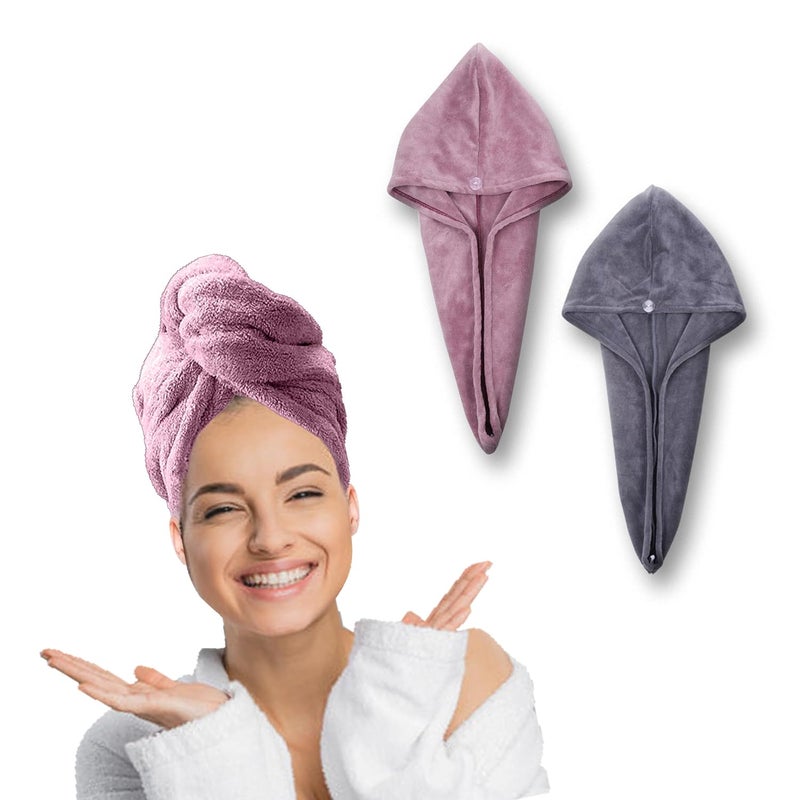 HOUSSE Microfibre Head Towels | 450 GSM High Absorbent Hair Wrap with Adjustable Buttons for Girls | Super Soft & Quick Dry Wrap Towel for Hairs | Set of 2 | 25x65 cm (Dusky Orchid & Steel Grey) - Image 1