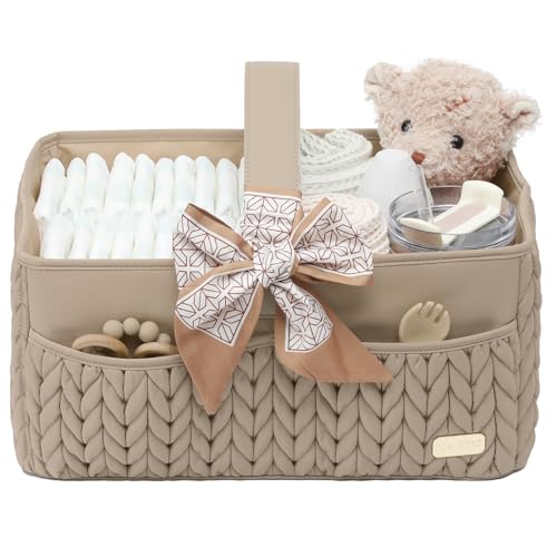 LUKJOJO Luxurious Baby Diaper Caddy Nursery Storage Basket for Newborn Essentials Travel Baby Basket for Diapers Baby Wipes Organizer Tote Bag Storage Bin Baby Shower GiftsBeige - Image 1