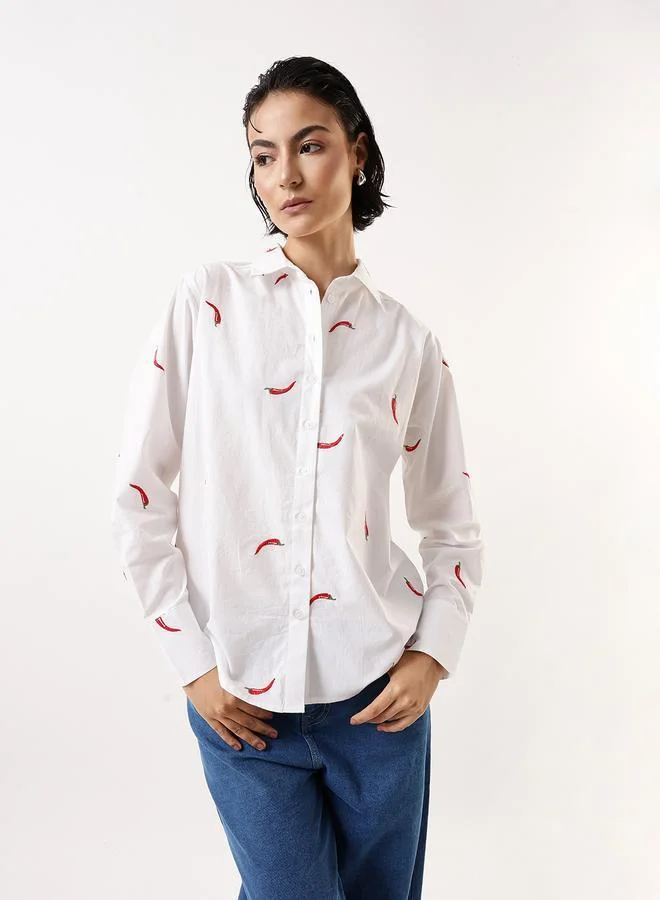 Hubberholme Women's Off-White 100% Cotton Embroidered Button Down Oversized Shirt