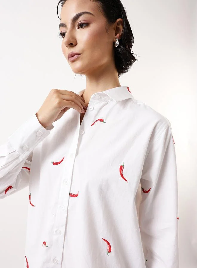 Hubberholme Women's Off-White 100% Cotton Embroidered Button Down Oversized Shirt