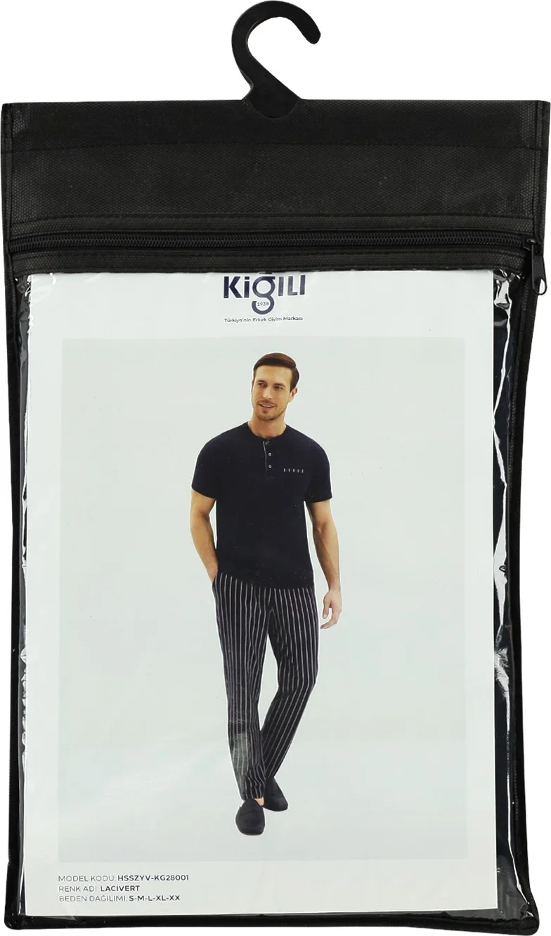 Kiğılı 2-Piece Short Sleeve Placket Striped Cotton Pajama Set