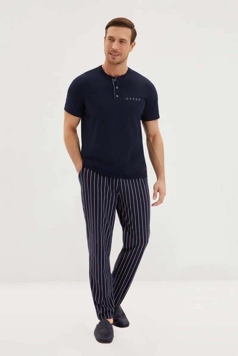 Kiğılı 2-Piece Short Sleeve Placket Striped Cotton Pajama Set
