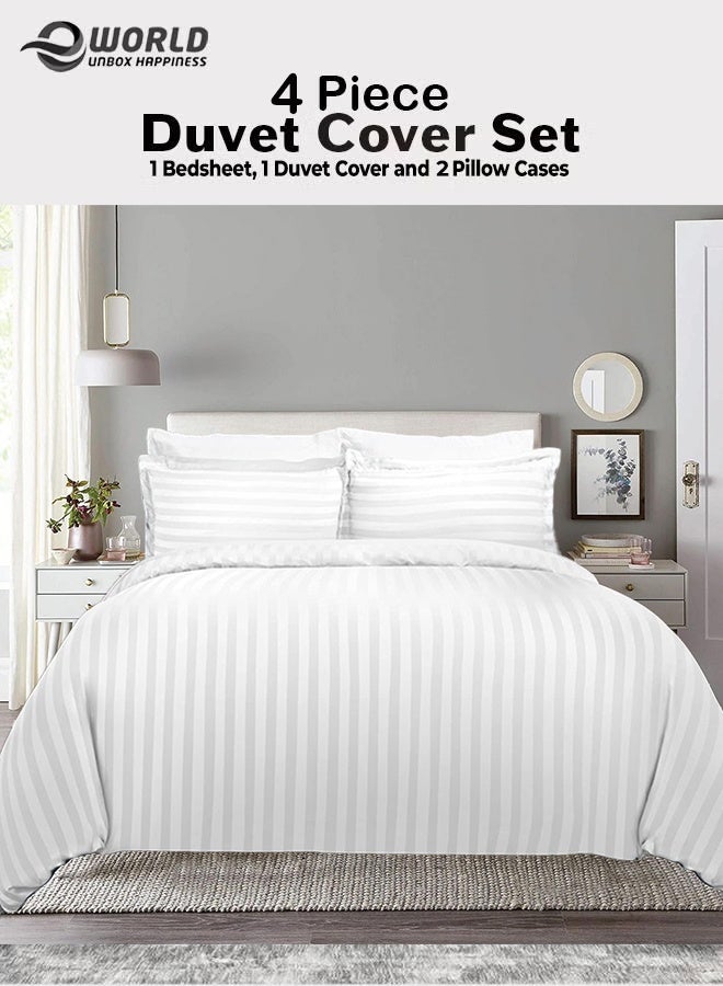 Eworld Premium Striped Duvet Set All Season – 4-Pieces Set White | King Size 220x240 cm | Ultra-Soft, Wrinkle-Resistant & Made in Dubai | Includes Duvet Cover, Fitted Sheet (200x200 cm) & 2 Pillowcase