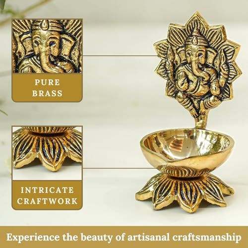 BEHOMA 100% Pure Brass Spiritual Gift Set of Ganesh Diya for Pooja & Kalpavriksh Tree of Life Showpiece for homr décor | Vastu Fengshui Decor Items for Good Luck | House Warming & Wedding Gift - Image 2